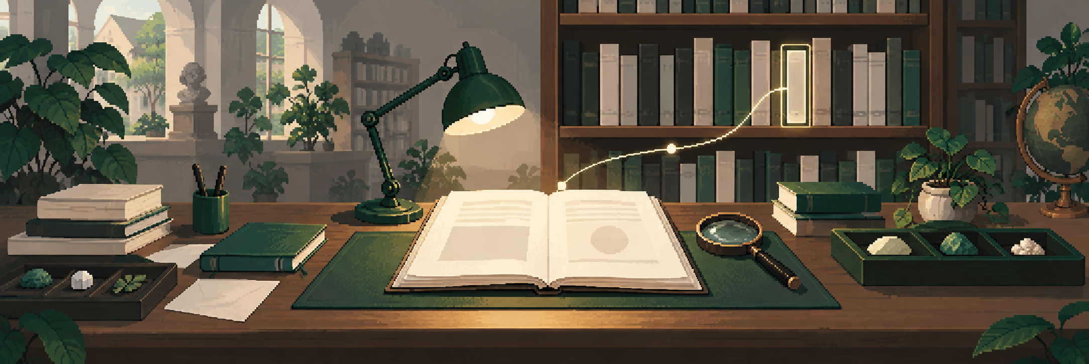 A research reading gallery centers one open paper under a study lamp, with a visible citation thread leading back to its scholarly shelf. Indexed volumes, a magnifier and restrained specimen trays frame the study area.
